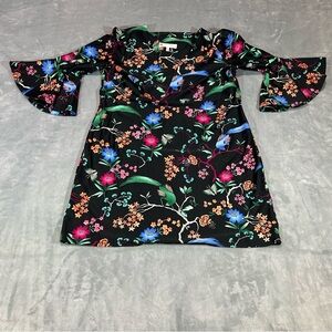 Jude Connally Black Bell Sleeve Floral Bird Butterfly Print Dress Size M Shift